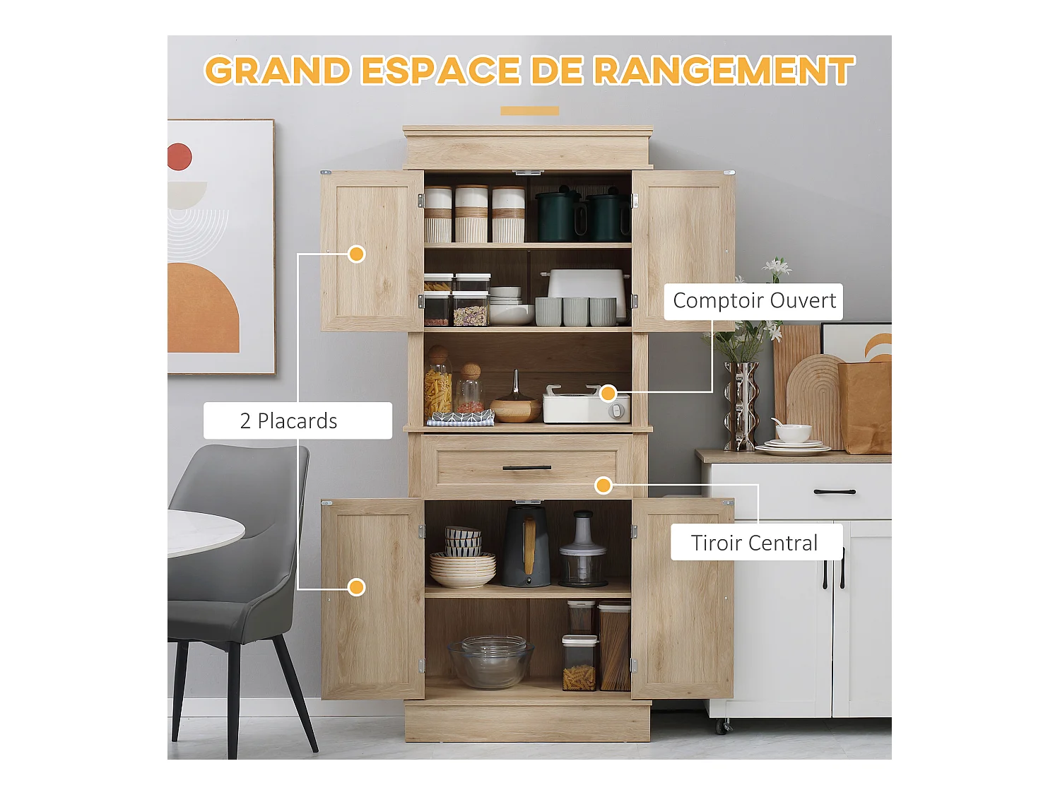 Buffet haut armoire de cuisine multi-rangement 2 placards 2 portes tiroir niche MDF panneaux aspect chêne clair