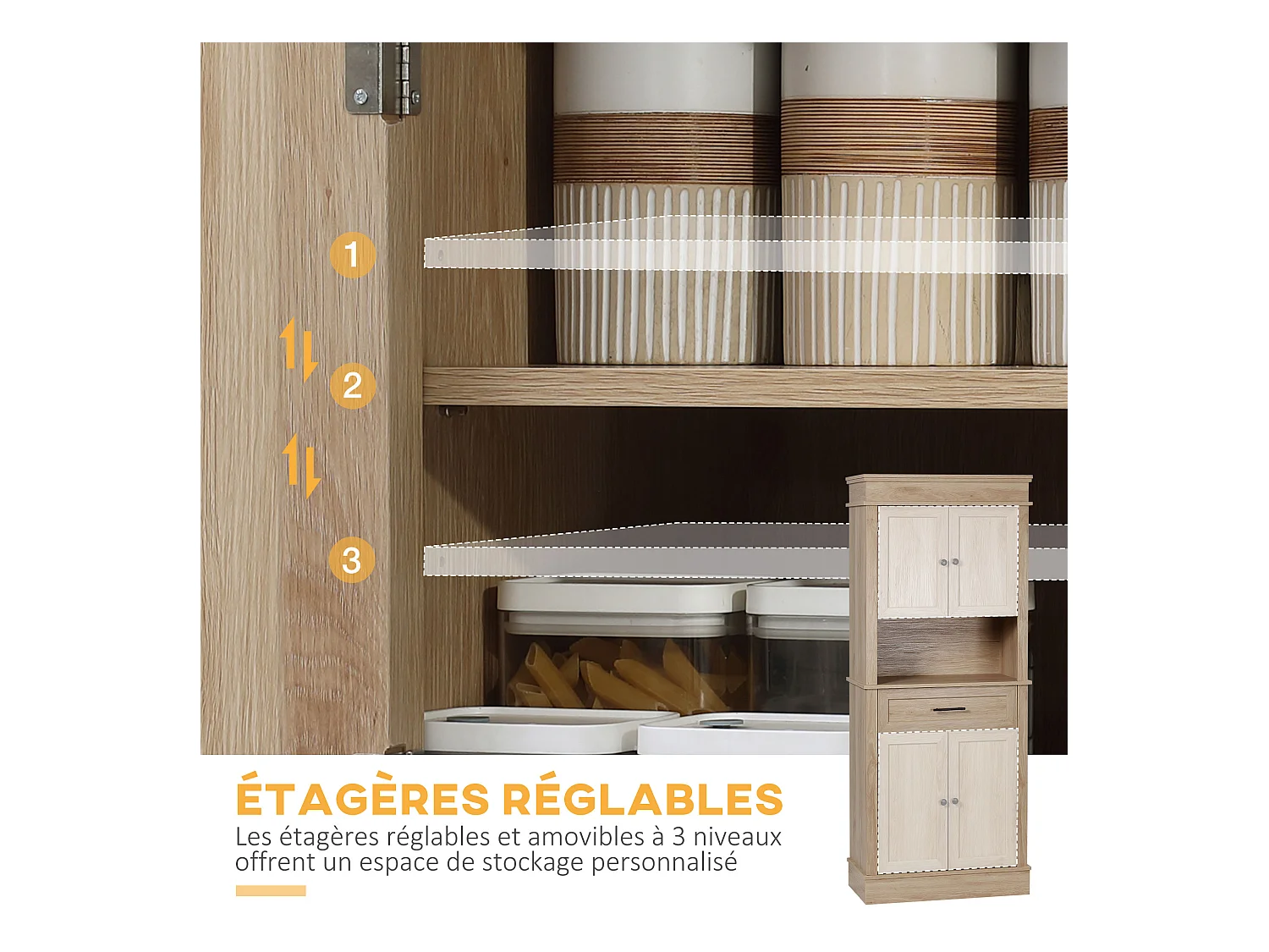 Buffet haut armoire de cuisine multi-rangement 2 placards 2 portes tiroir niche MDF panneaux aspect chêne clair