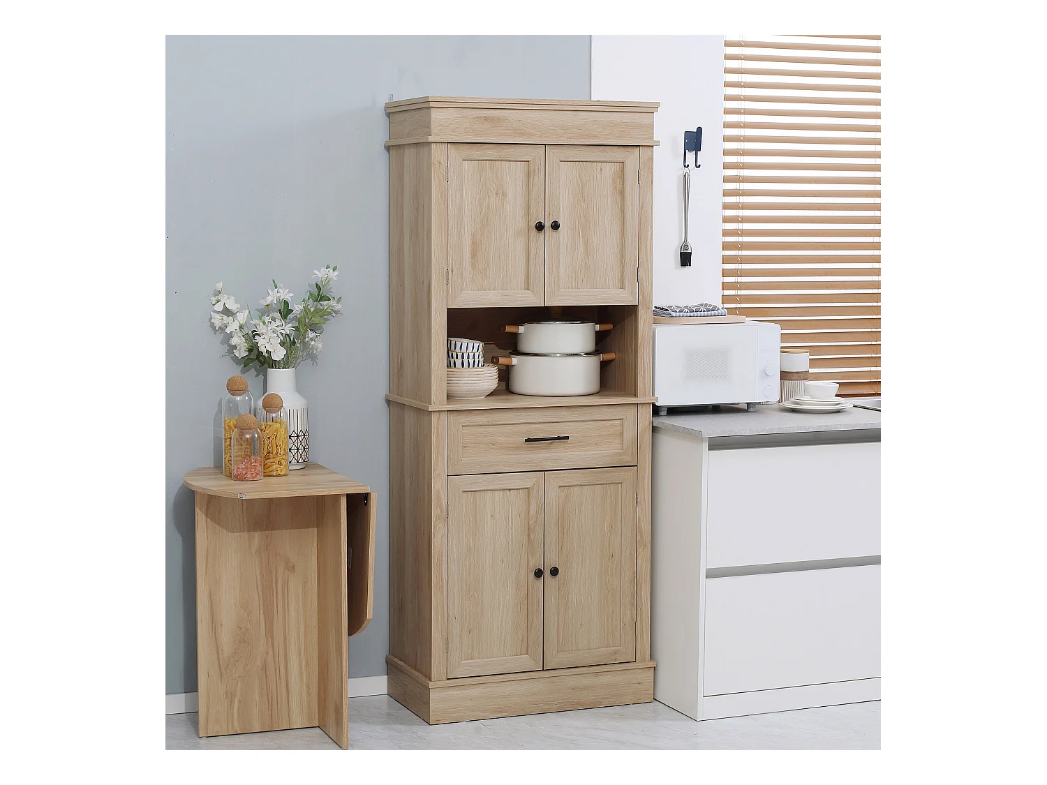 Buffet haut armoire de cuisine multi-rangement 2 placards 2 portes tiroir niche MDF panneaux aspect chêne clair