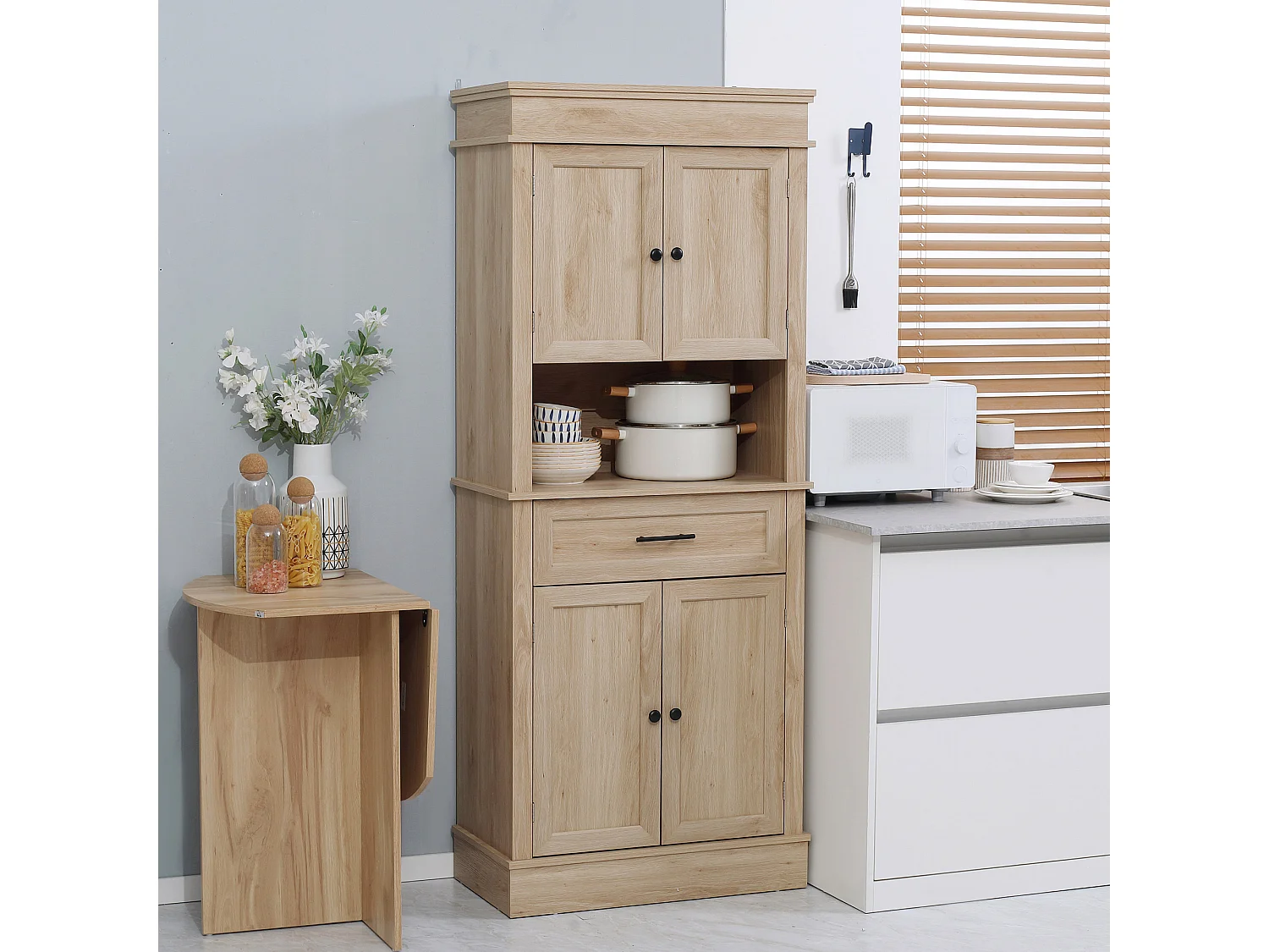 Buffet haut armoire de cuisine multi-rangement 2 placards 2 portes tiroir niche MDF panneaux aspect chêne clair