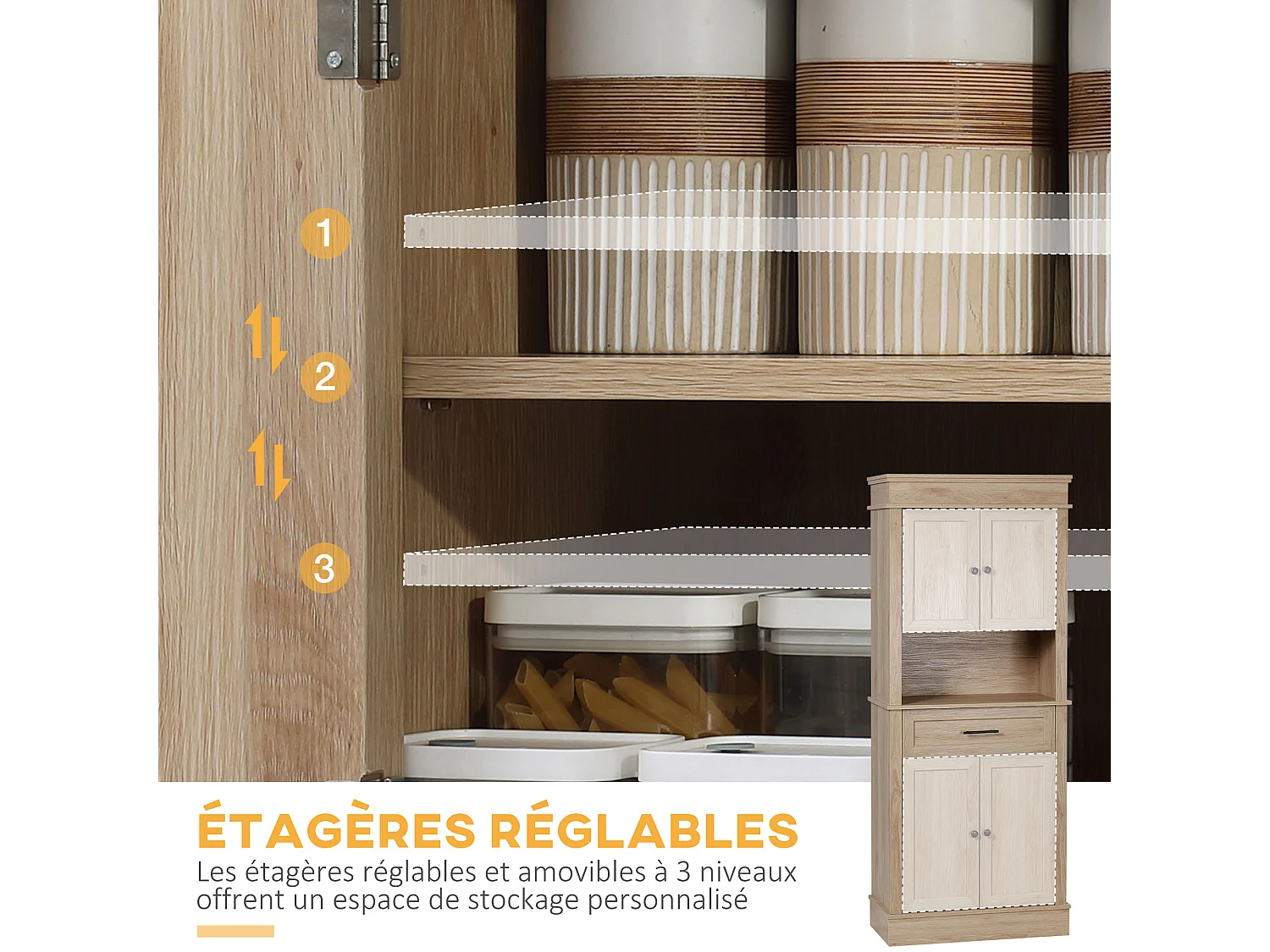 Buffet haut armoire de cuisine multi-rangement 2 placards 2 portes tiroir niche MDF panneaux aspect chêne clair