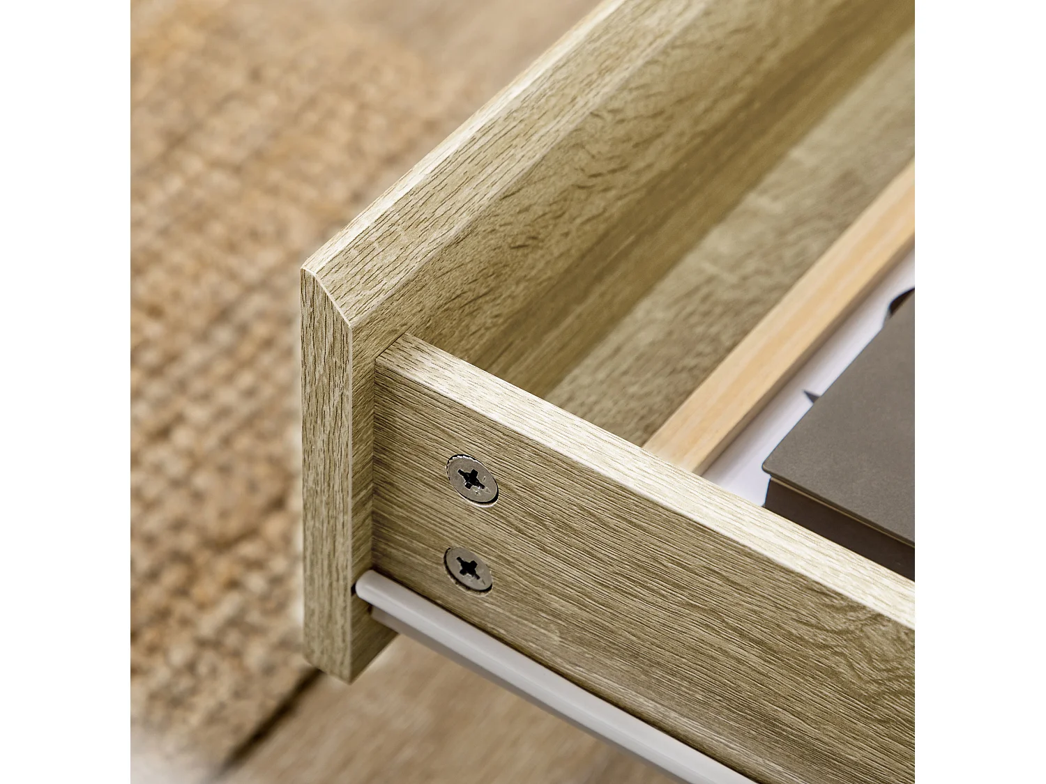 Commode design scandinave - 6 tiroirs - MDF panneaux blanc aspect chêne clair