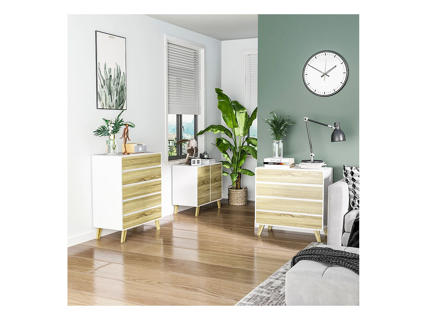Commode design scandinave - 6 tiroirs - MDF panneaux blanc aspect chêne clair