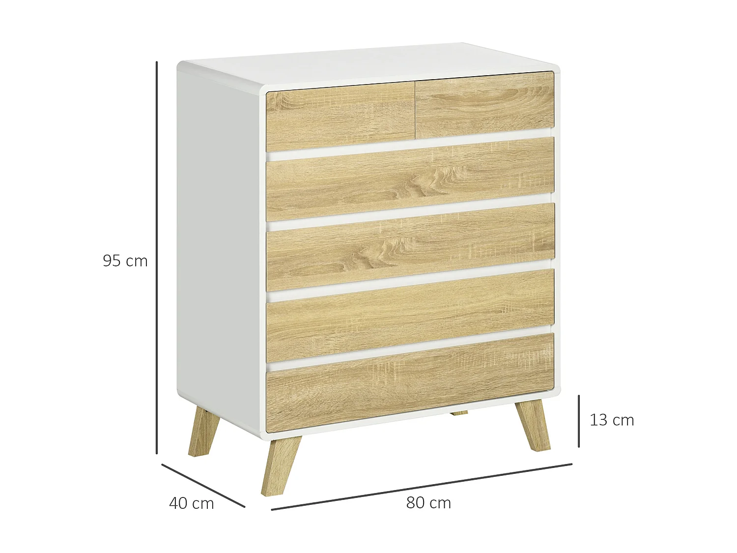 Commode design scandinave - 6 tiroirs - MDF panneaux blanc aspect chêne clair