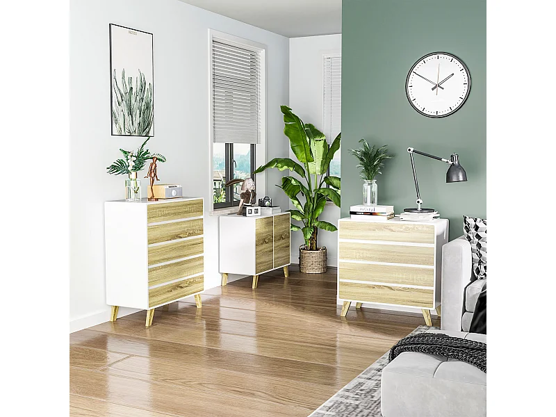 Commode design scandinave - 6 tiroirs - MDF panneaux blanc aspect chêne clair