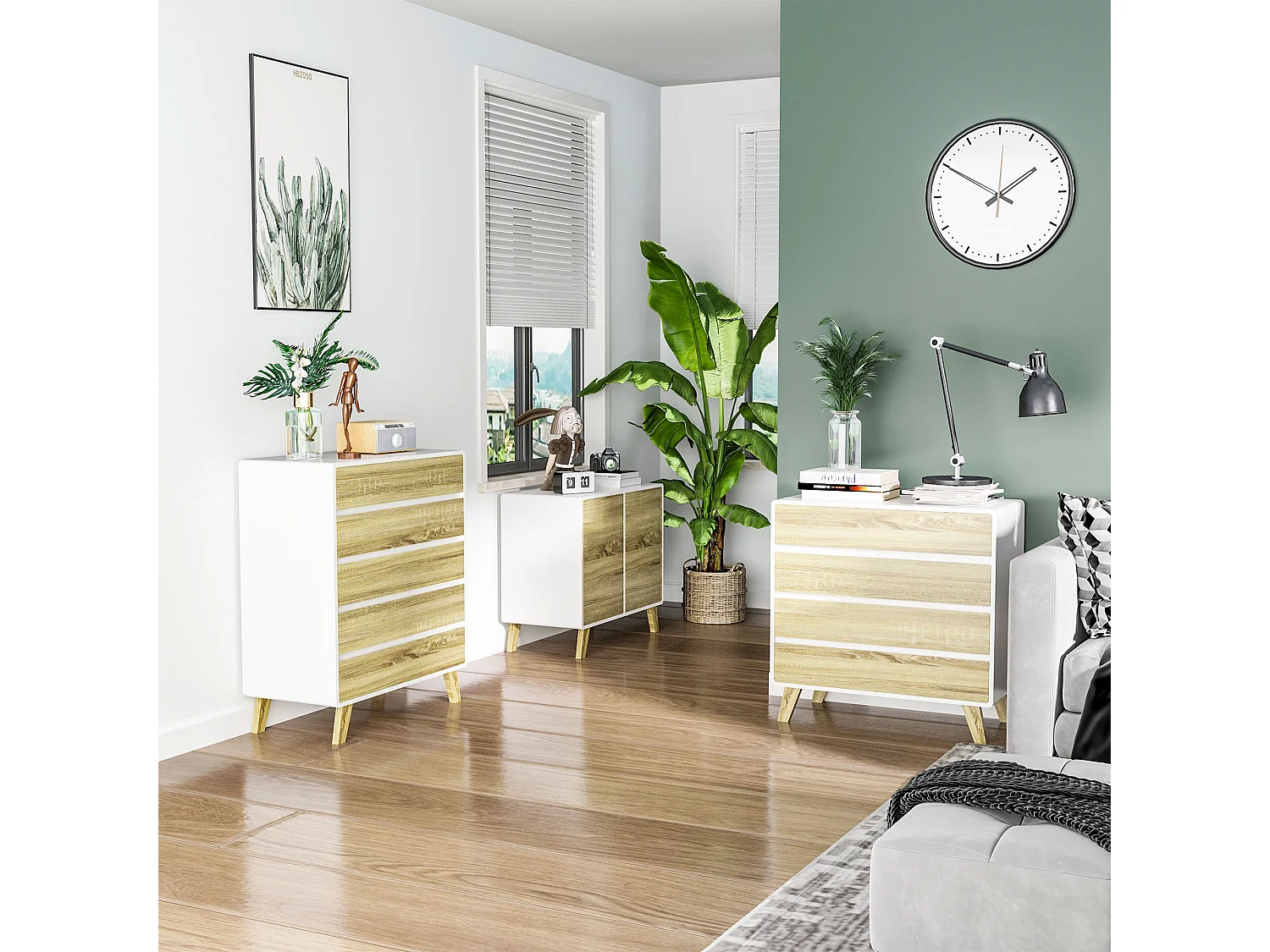 Commode design scandinave - 4 tiroirs - MDF panneaux blanc aspect chêne clair