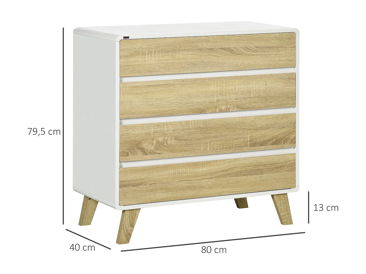 Commode design scandinave - 4 tiroirs - MDF panneaux blanc aspect chêne clair