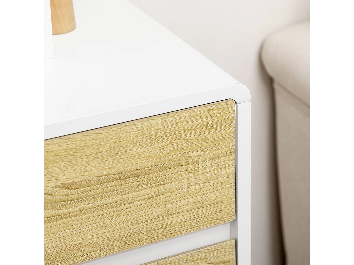 Commode design scandinave - 4 tiroirs - MDF panneaux blanc aspect chêne clair