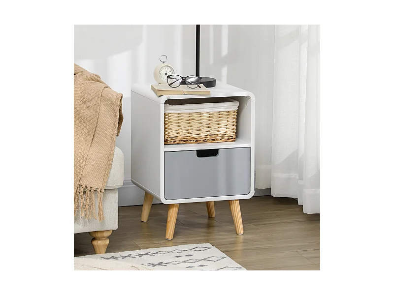 Chevet table de nuit design scandinave 40L x 38l x 58H cm tiroir + niche bois massif pin MDF blanc bleu gris