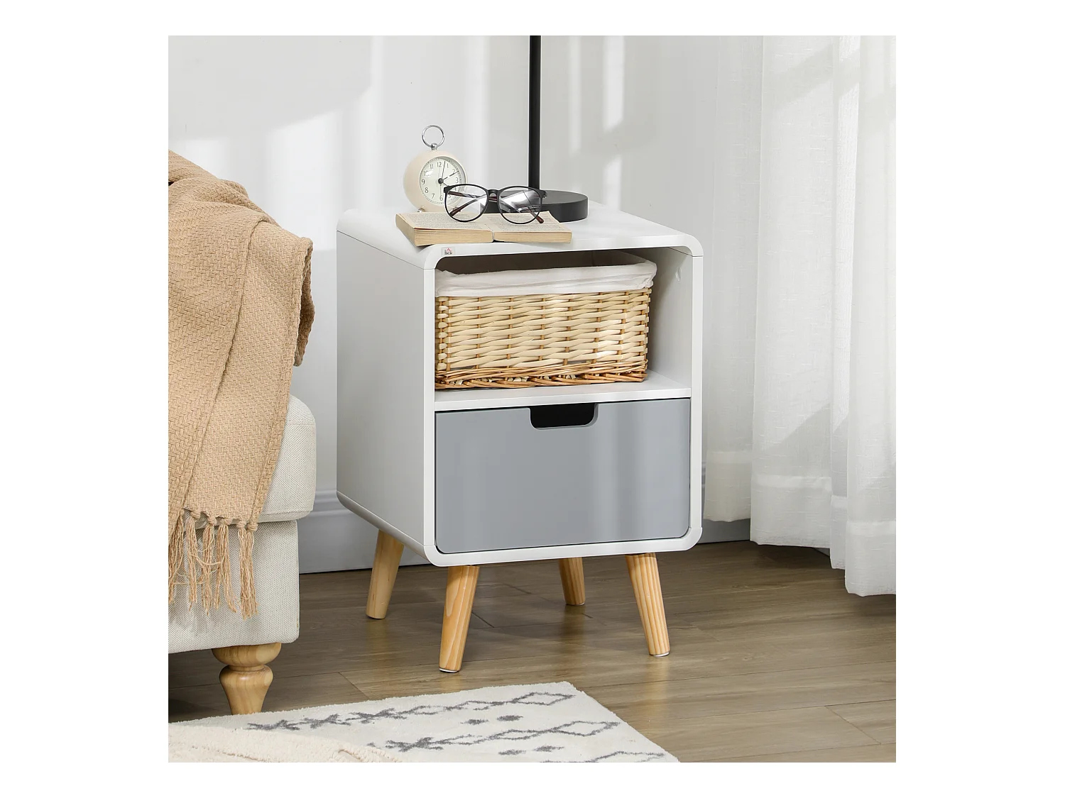 Chevet table de nuit design scandinave 40L x 38l x 58H cm tiroir + niche bois massif pin MDF blanc bleu gris