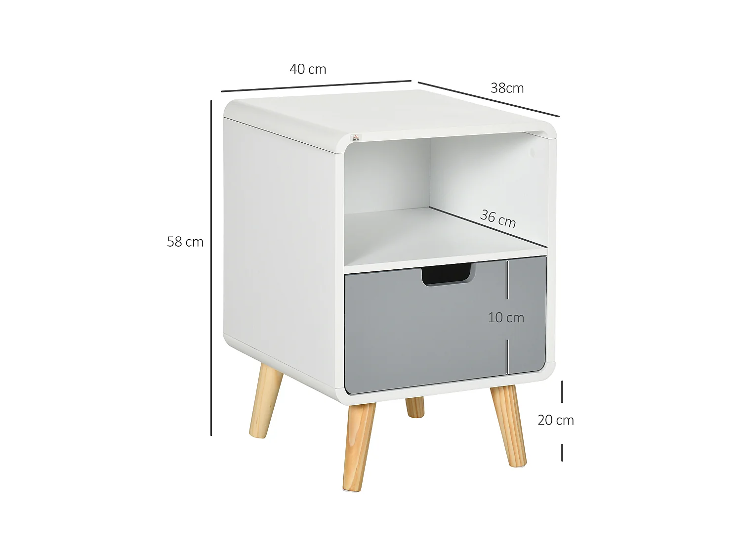 Chevet table de nuit design scandinave 40L x 38l x 58H cm tiroir + niche bois massif pin MDF blanc bleu gris