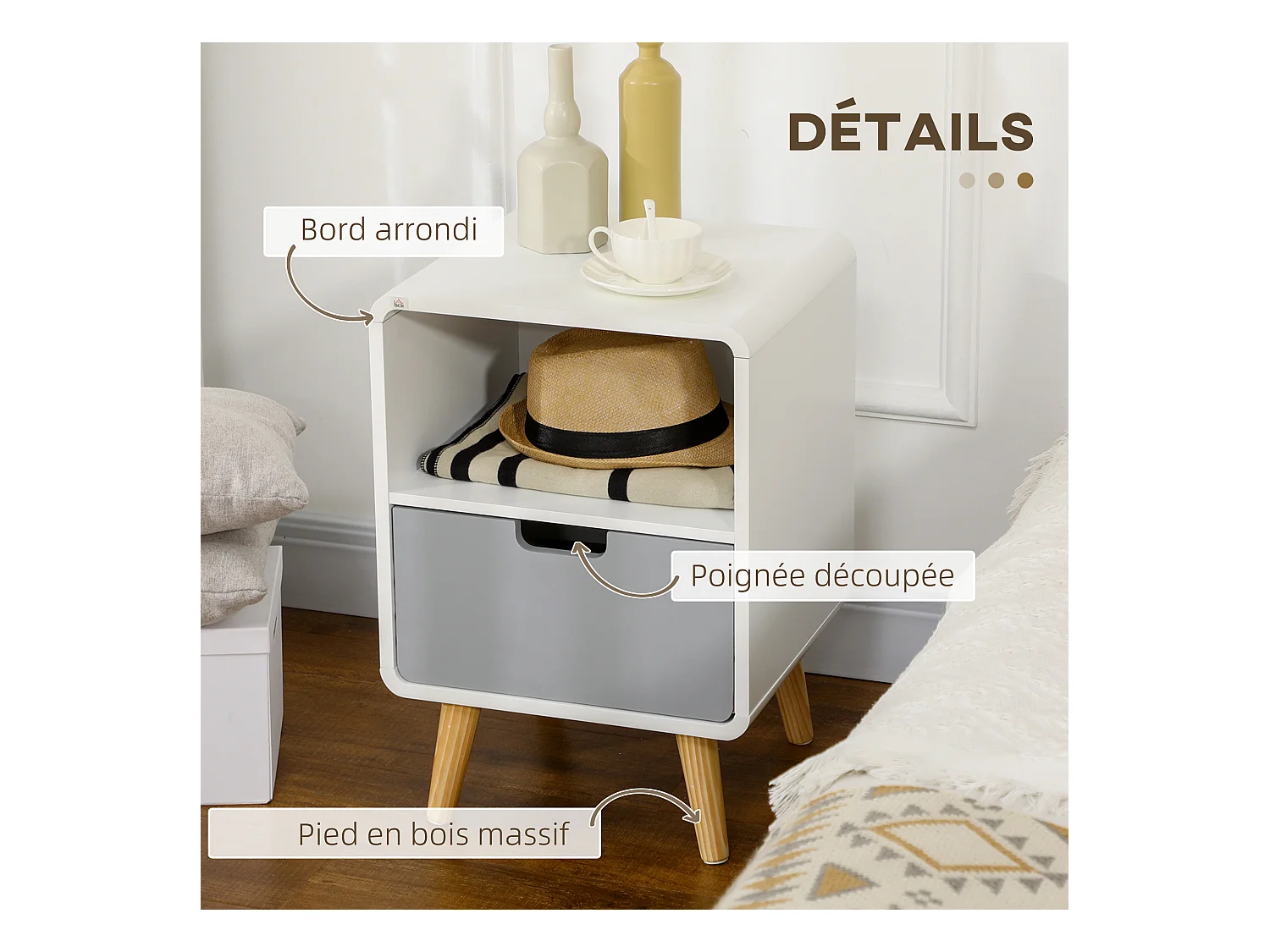 Chevet table de nuit design scandinave 40L x 38l x 58H cm tiroir + niche bois massif pin MDF blanc bleu gris