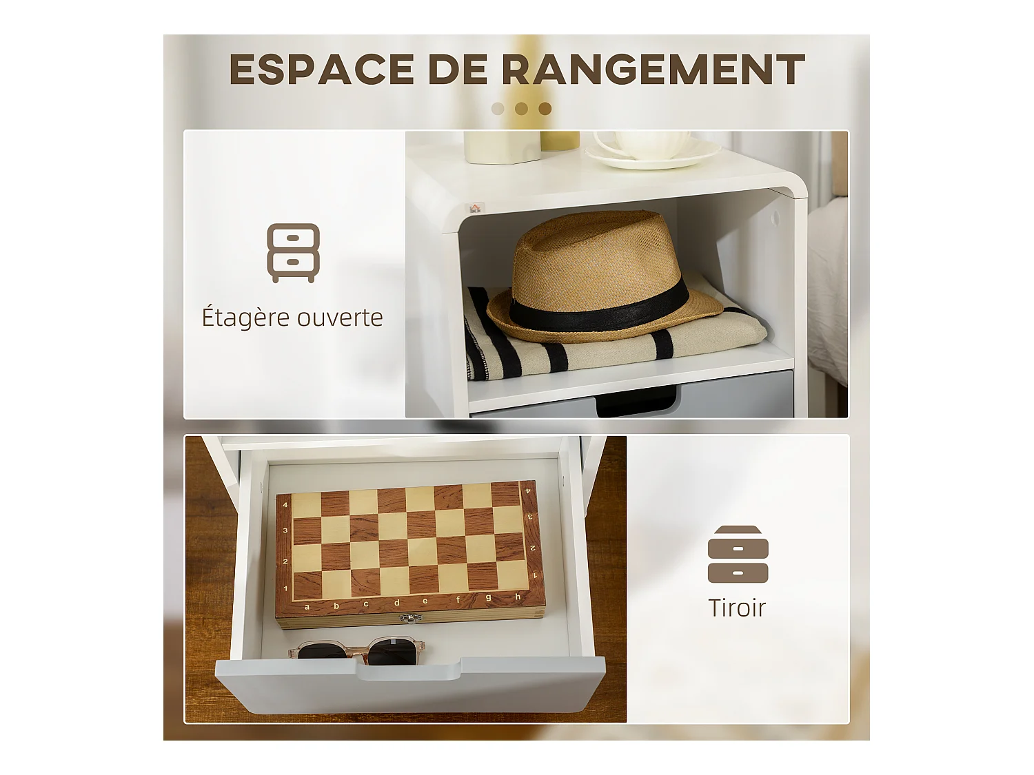 Chevet table de nuit design scandinave 40L x 38l x 58H cm tiroir + niche bois massif pin MDF blanc bleu gris