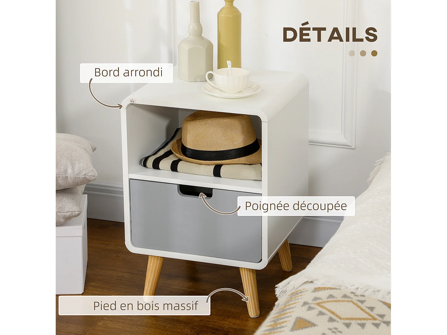Chevet table de nuit design scandinave 40L x 38l x 58H cm tiroir + niche bois massif pin MDF blanc bleu gris