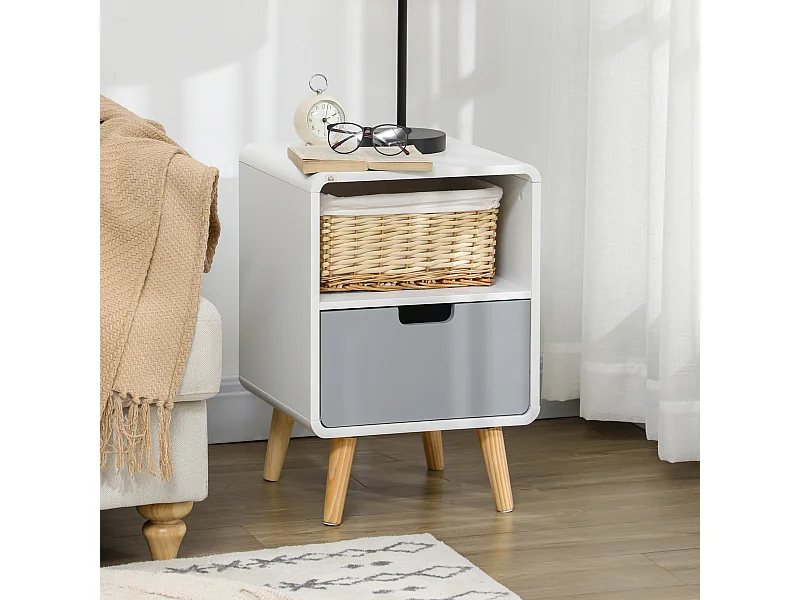 Chevet table de nuit design scandinave 40L x 38l x 58H cm tiroir + niche bois massif pin MDF blanc bleu gris