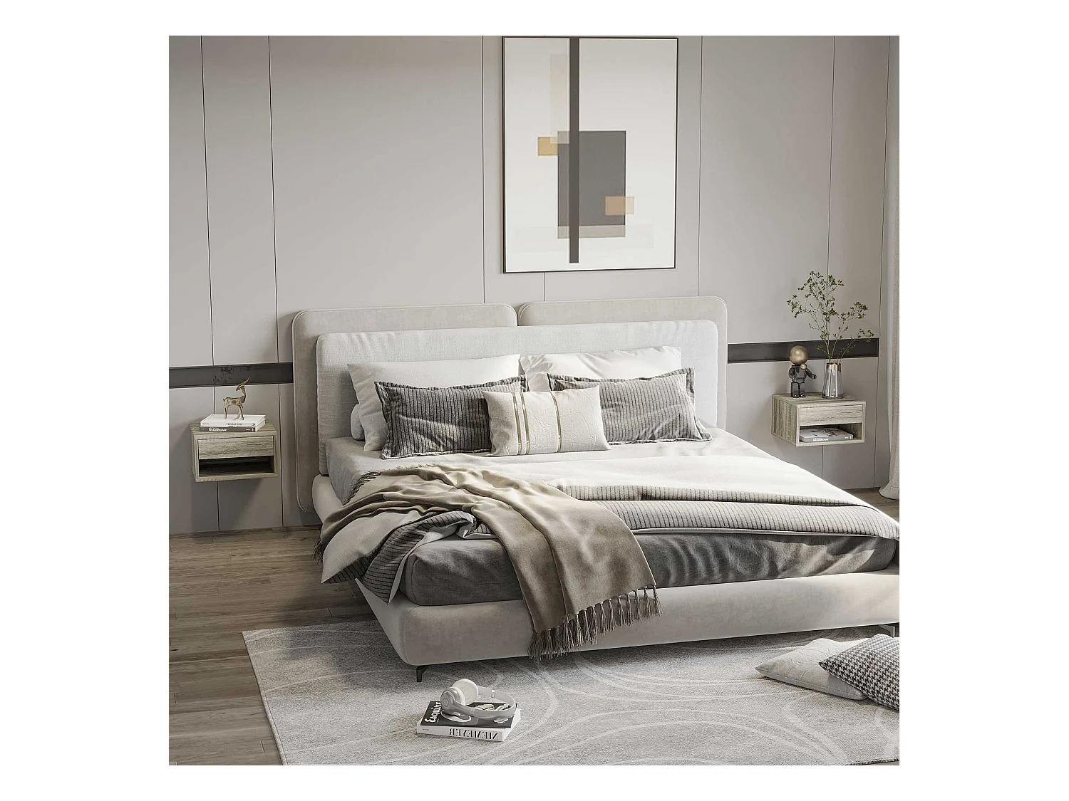 Lot de 2 chevets tables de nuit murales - tiroir coulissant, niche, plateau - dim. 37L x 32l x 21H cm - panneaux gris