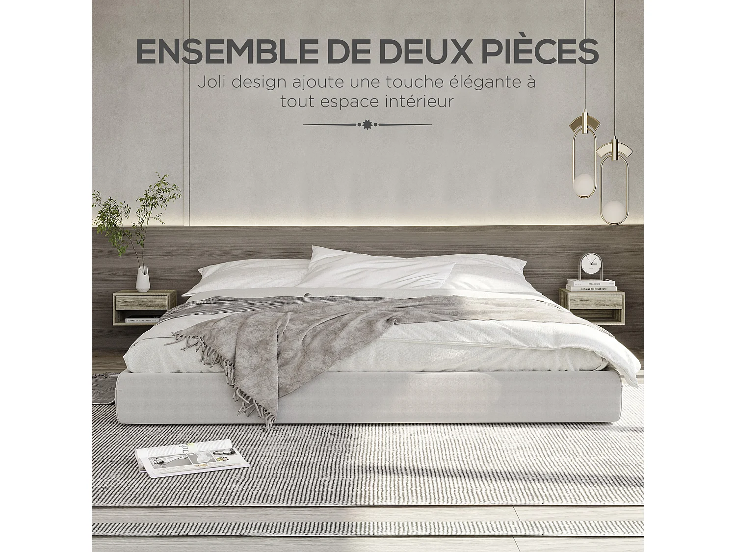 Lot de 2 chevets tables de nuit murales - tiroir coulissant, niche, plateau - dim. 37L x 32l x 21H cm - panneaux gris