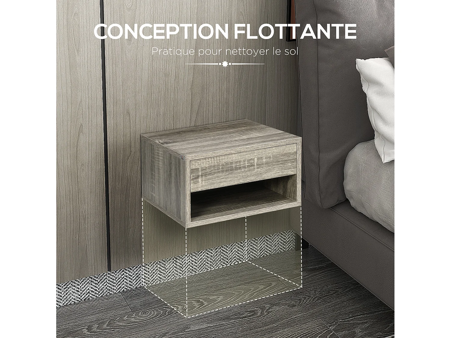 Lot de 2 chevets tables de nuit murales - tiroir coulissant, niche, plateau - dim. 37L x 32l x 21H cm - panneaux gris