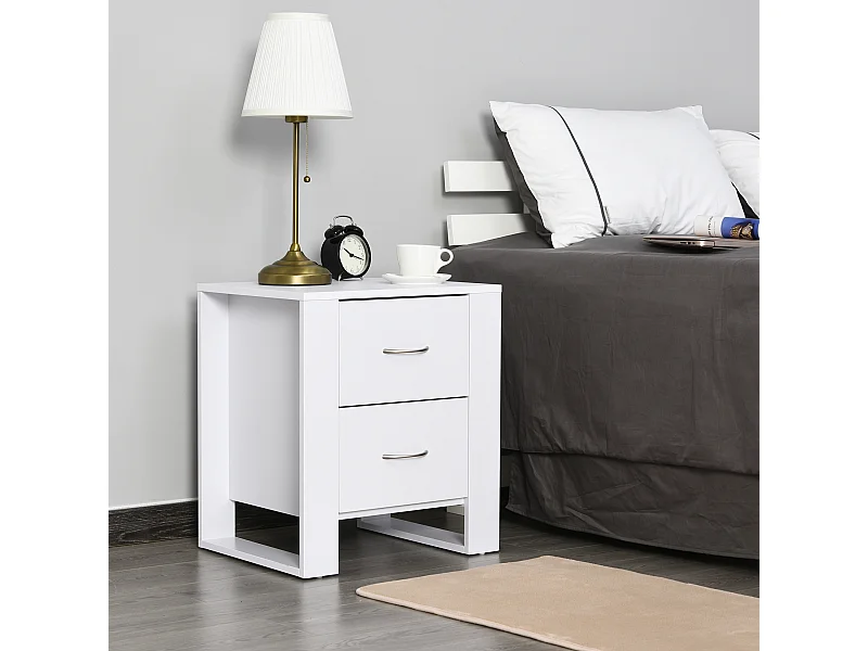Table de Chevet Table de Nuit 2 Tiroirs Design Contemporain Dim. 48L x 39l x 54H cm Panneaux de Particules Blanc