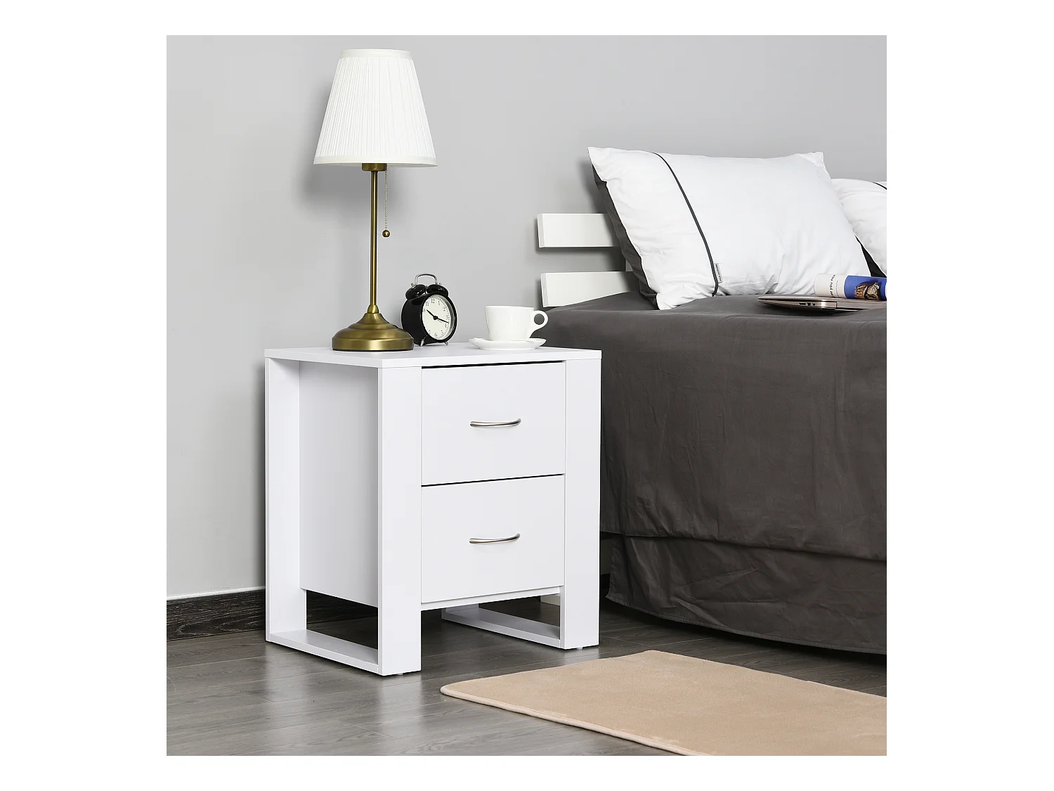 Table de Chevet Table de Nuit 2 Tiroirs Design Contemporain Dim. 48L x 39l x 54H cm Panneaux de Particules Blanc