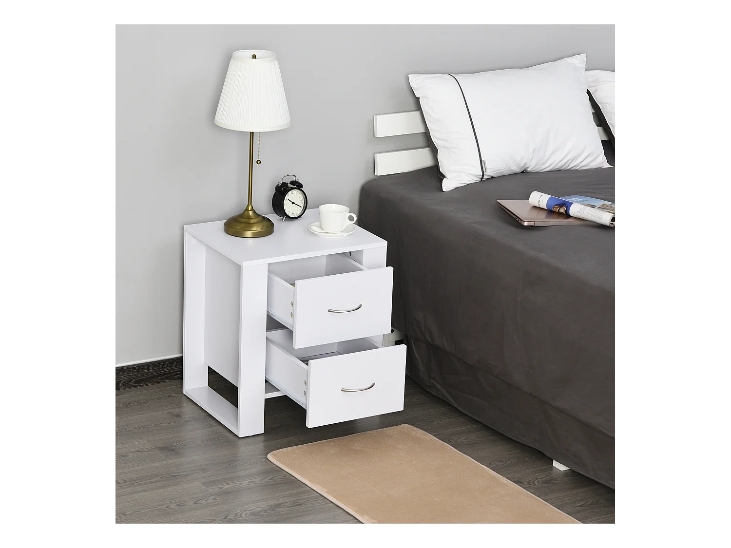 Table de Chevet Table de Nuit 2 Tiroirs Design Contemporain Dim. 48L x 39l x 54H cm Panneaux de Particules Blanc