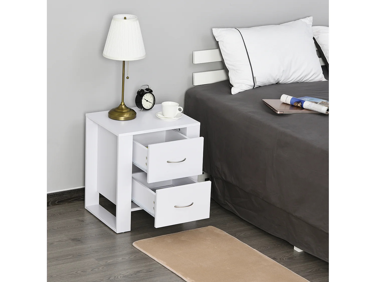 Table de Chevet Table de Nuit 2 Tiroirs Design Contemporain Dim. 48L x 39l x 54H cm Panneaux de Particules Blanc