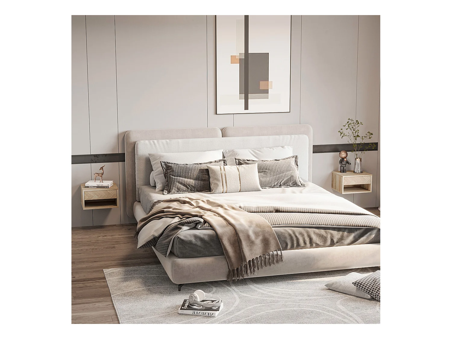 Lot de 2 chevets tables de nuit murales - tiroir coulissant, niche, plateau - dim. 37L x 32l x 21H cm - panneaux aspect chêne clair