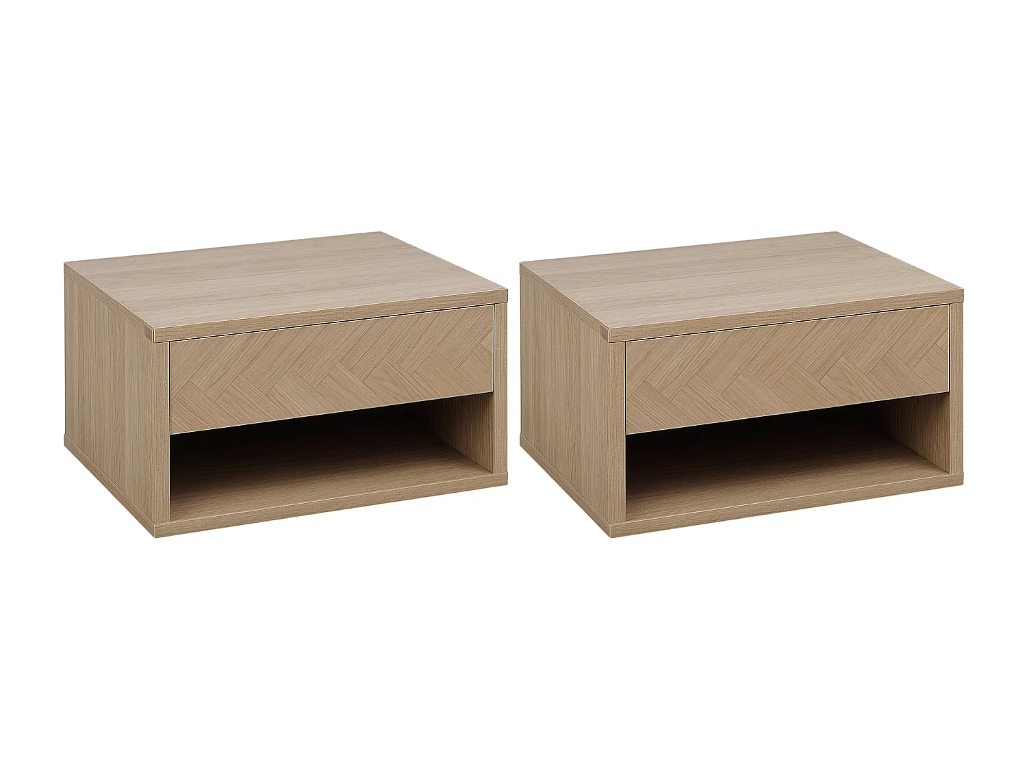 Lot de 2 chevets tables de nuit murales - tiroir coulissant, niche, plateau - dim. 37L x 32l x 21H cm - panneaux aspect chêne clair