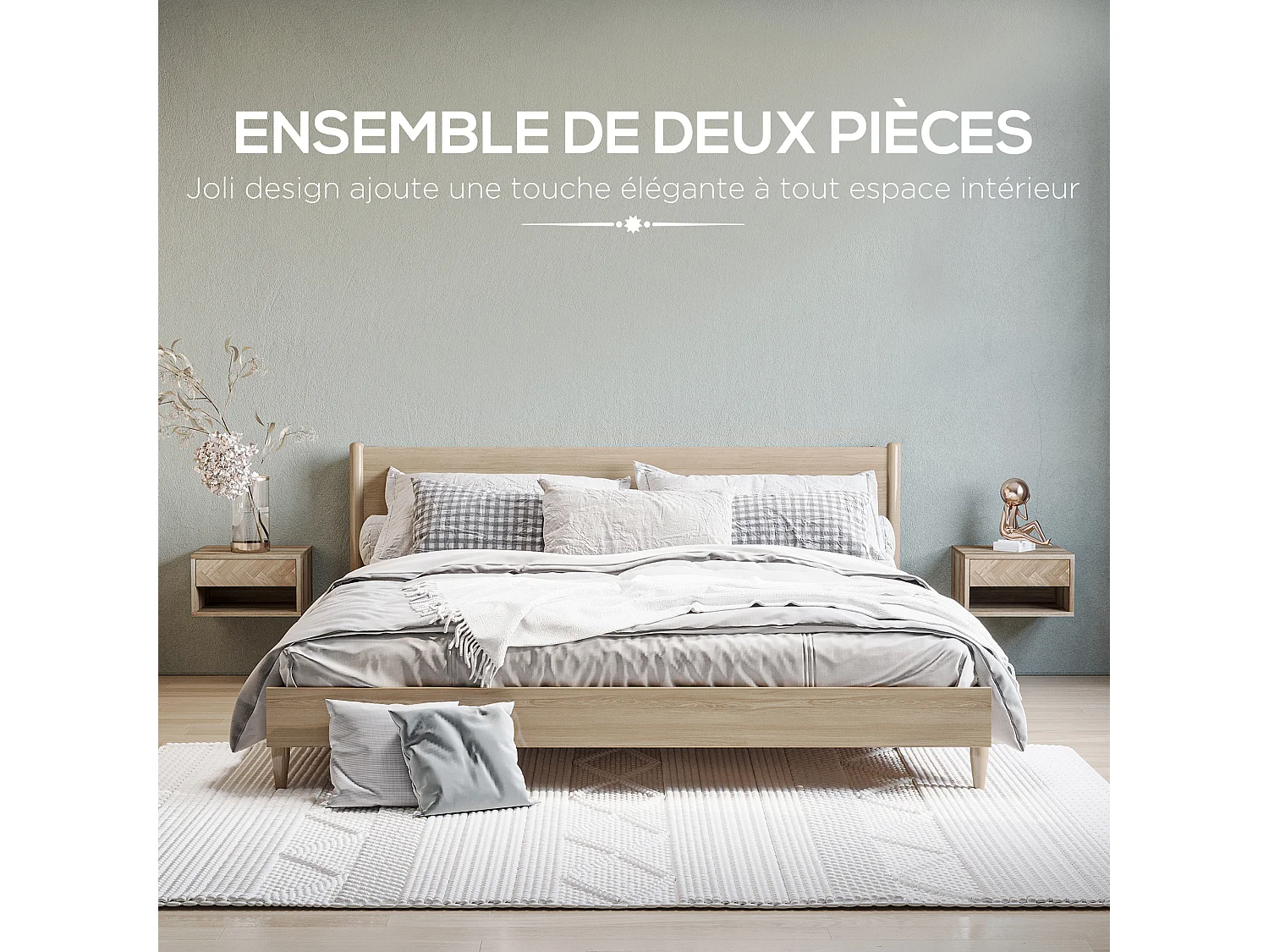 Lot de 2 chevets tables de nuit murales - tiroir coulissant, niche, plateau - dim. 37L x 32l x 21H cm - panneaux aspect chêne clair