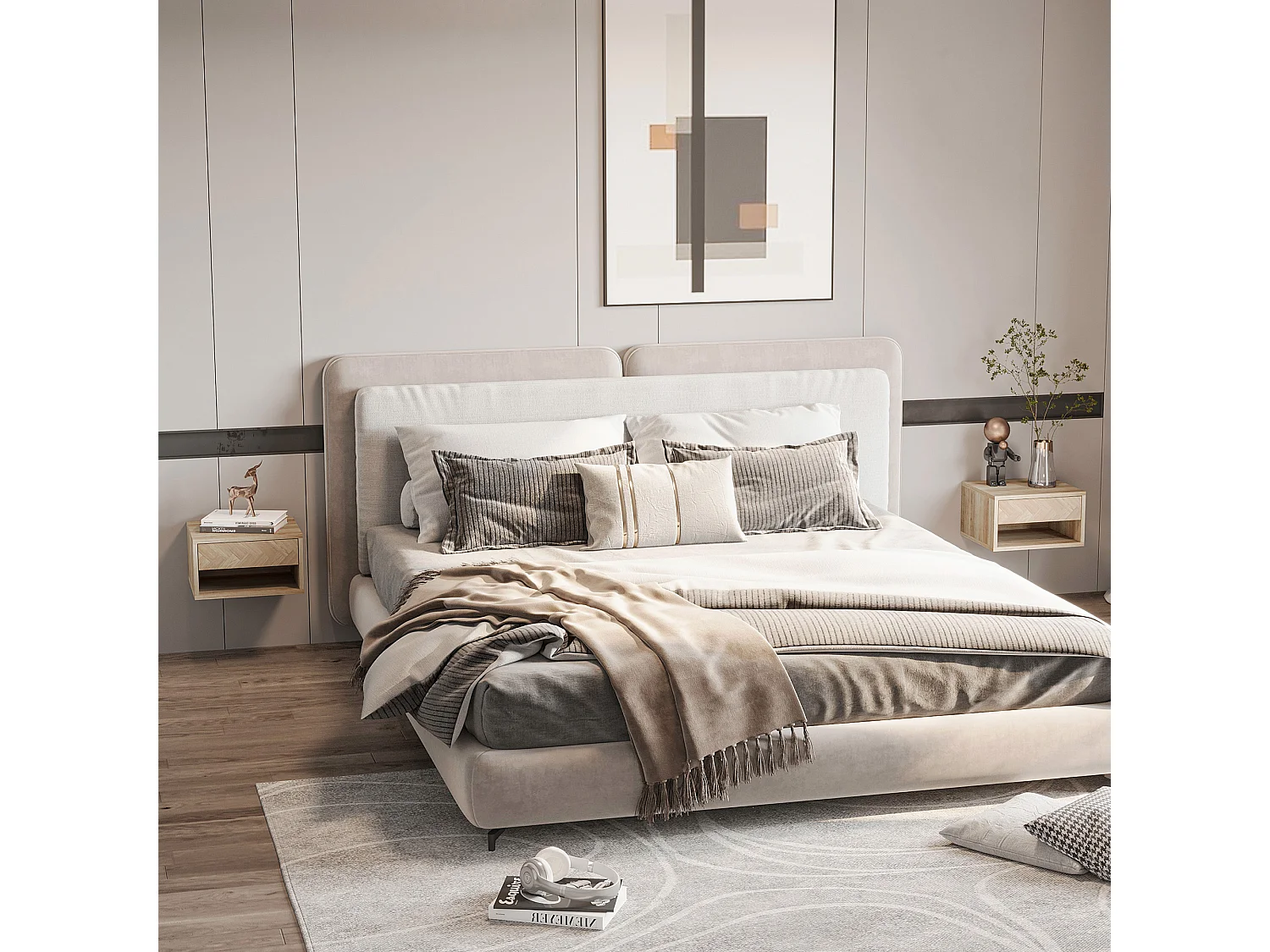 Lot de 2 chevets tables de nuit murales - tiroir coulissant, niche, plateau - dim. 37L x 32l x 21H cm - panneaux aspect chêne clair