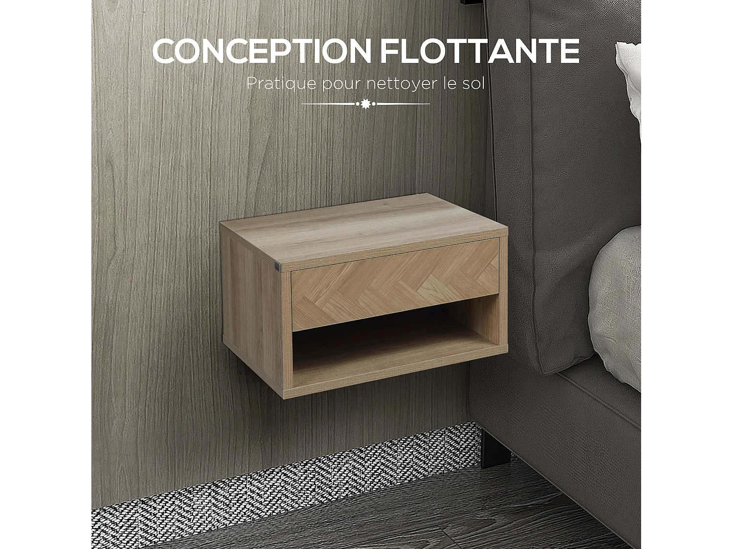 Lot de 2 chevets tables de nuit murales - tiroir coulissant, niche, plateau - dim. 37L x 32l x 21H cm - panneaux aspect chêne clair