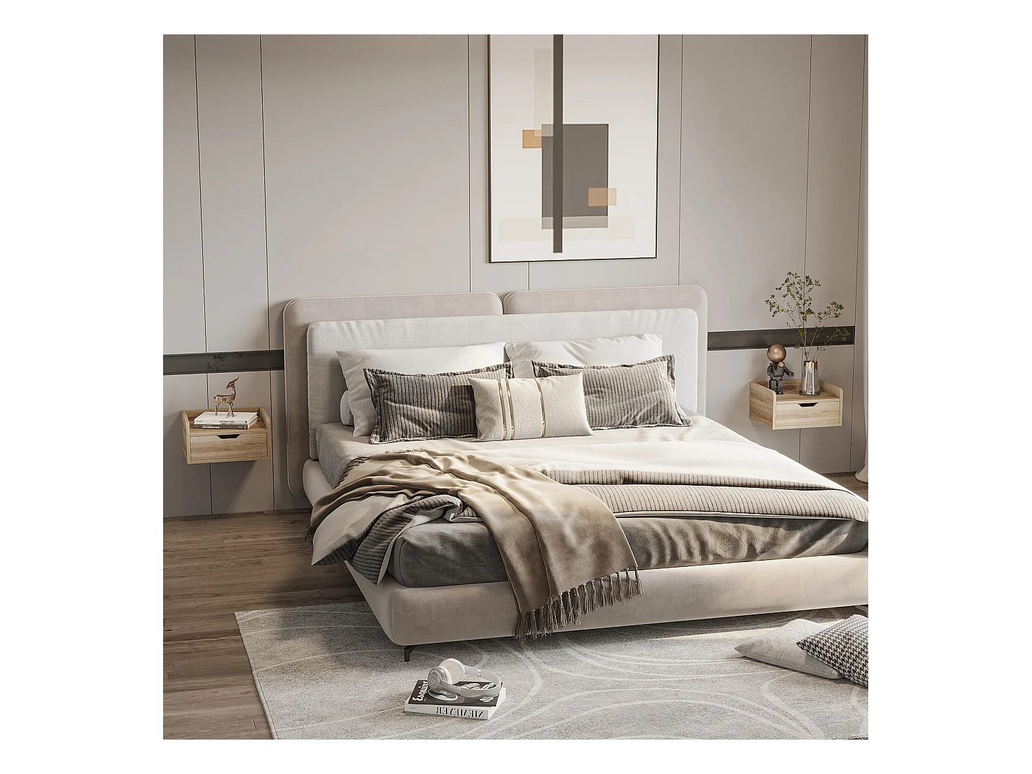 Lot de 2 chevets tables de nuit murales - tiroir coulissant, plateau - dim. 40L x 30l x 19H cm - panneaux aspect chêne clair