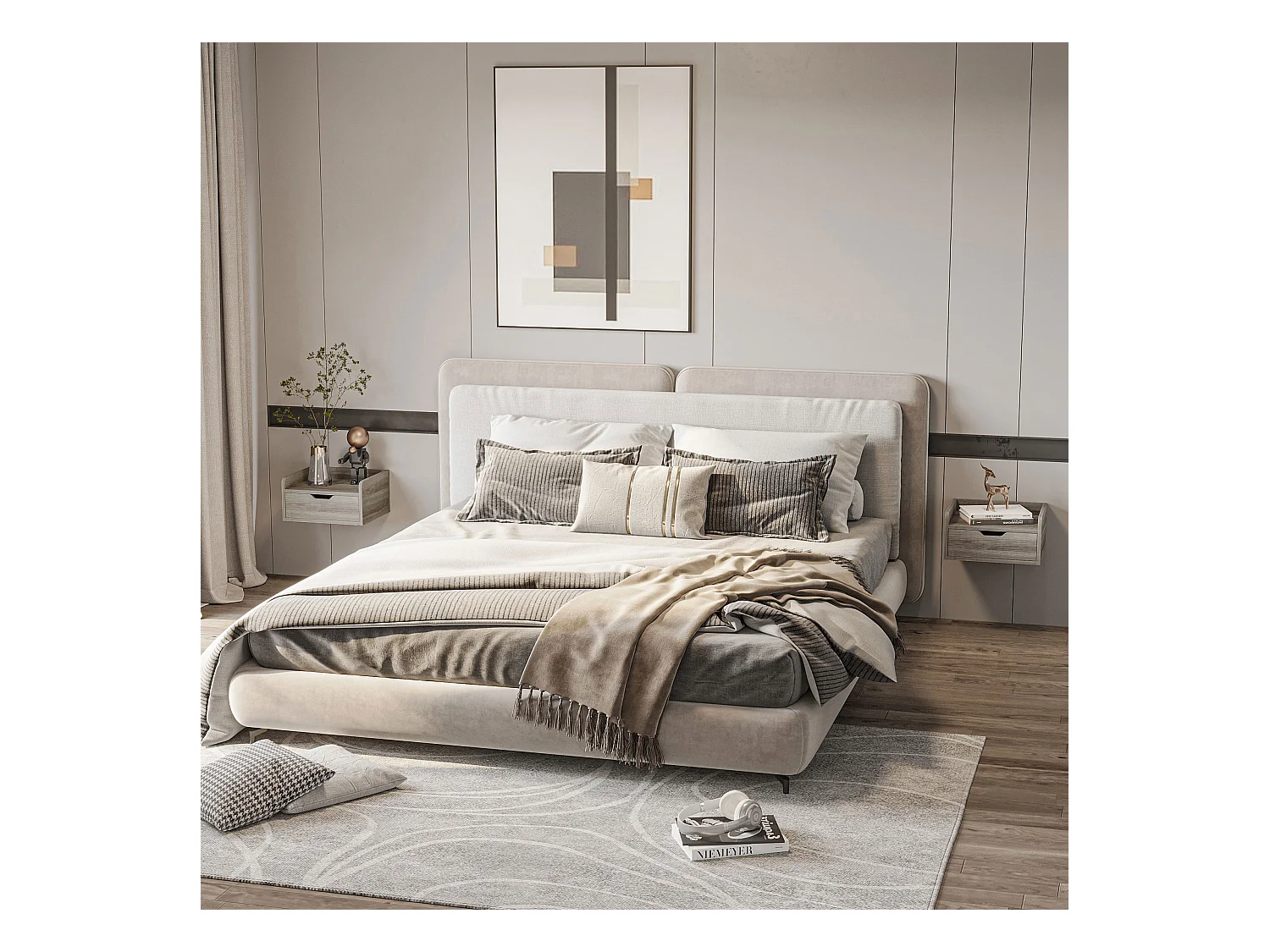 Lot de 2 chevets tables de nuit murales - tiroir coulissant, plateau - dim. 40L x 30l x 19H cm - panneaux aspect bois gris