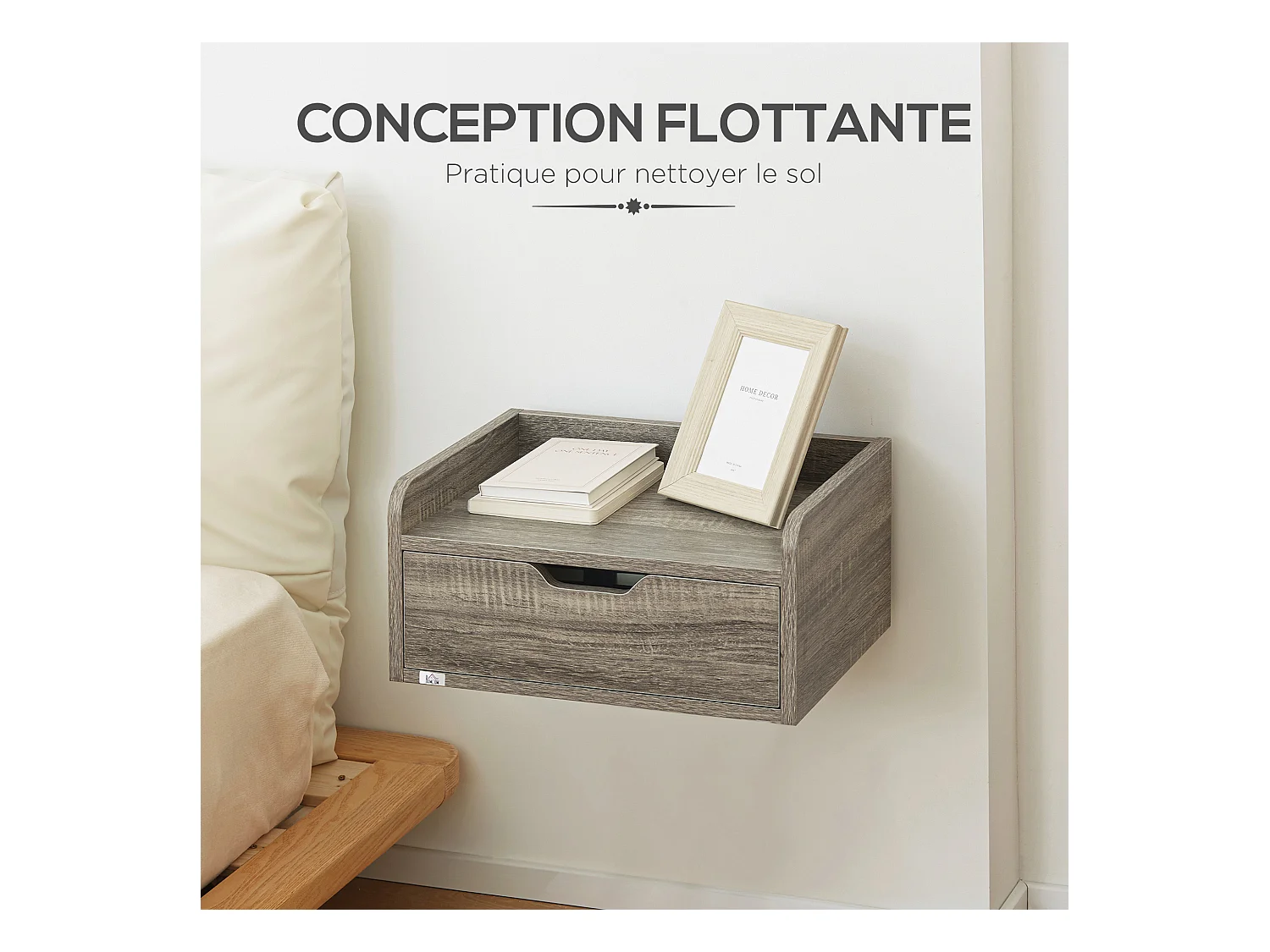 Lot de 2 chevets tables de nuit murales - tiroir coulissant, plateau - dim. 40L x 30l x 19H cm - panneaux aspect bois gris