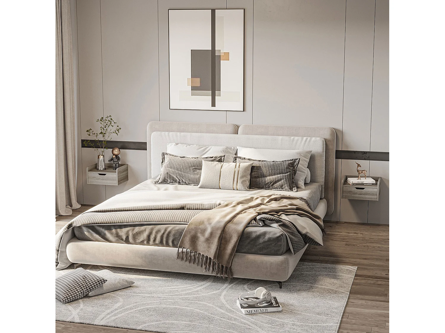 Lot de 2 chevets tables de nuit murales - tiroir coulissant, plateau - dim. 40L x 30l x 19H cm - panneaux aspect bois gris