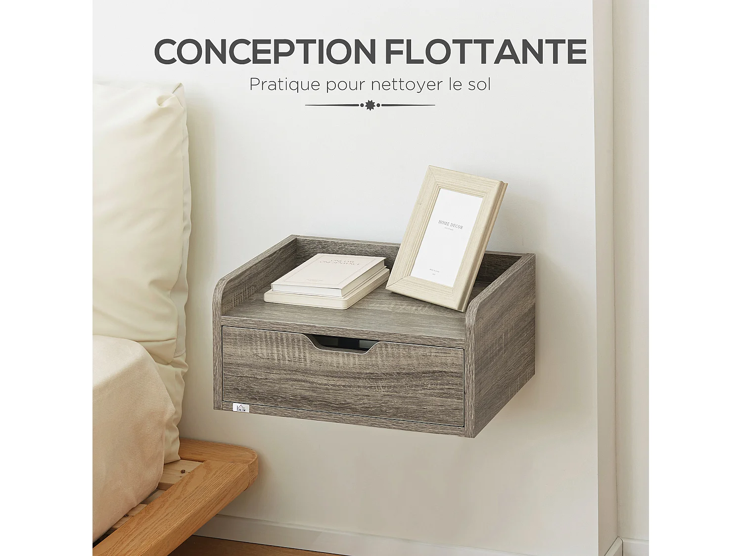 Lot de 2 chevets tables de nuit murales - tiroir coulissant, plateau - dim. 40L x 30l x 19H cm - panneaux aspect bois gris