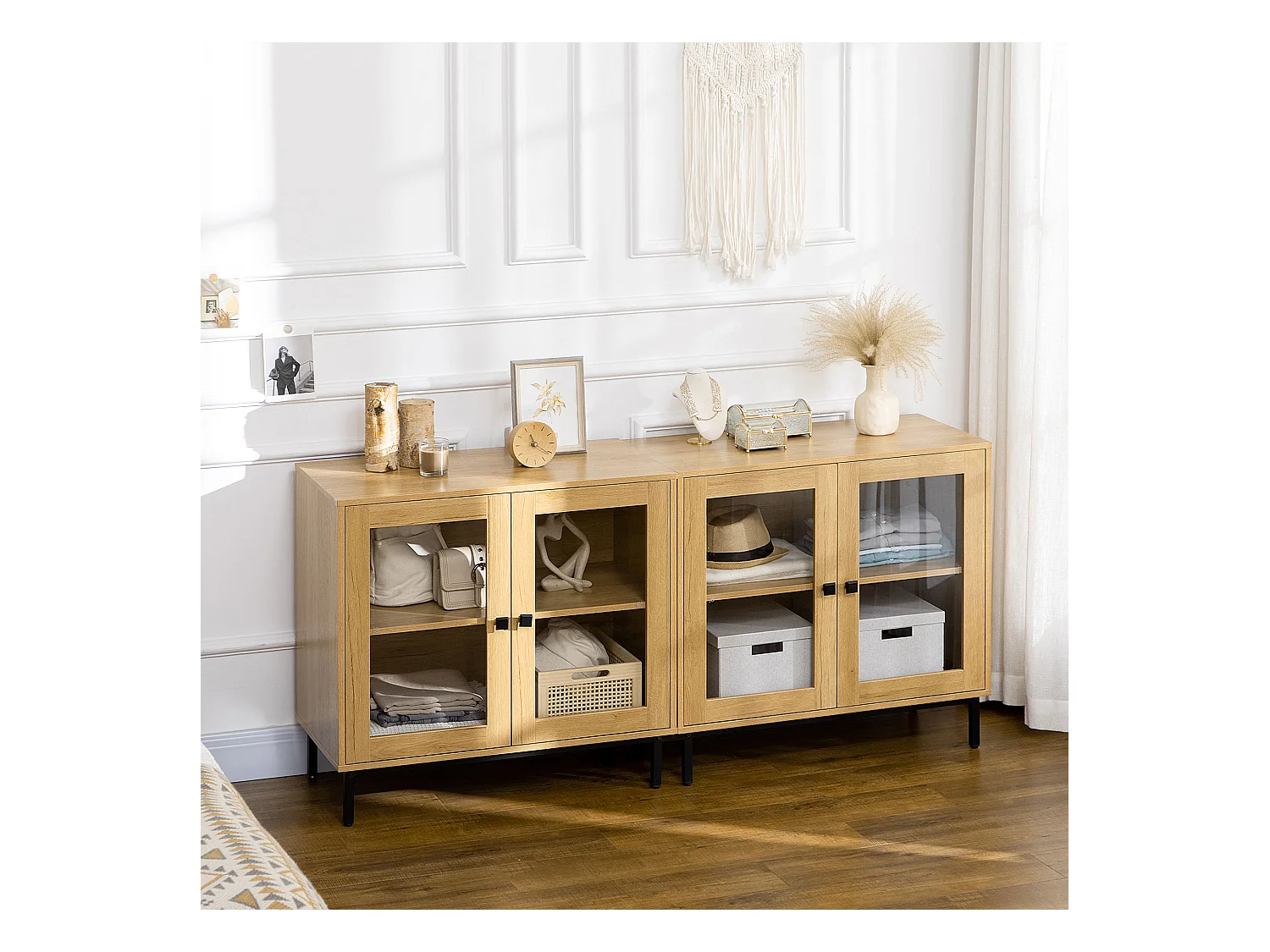Lot de 2 buffets - 2 x 2 portes vitrines verre, 2 étagères - MDF aspect chêne clair métal noir