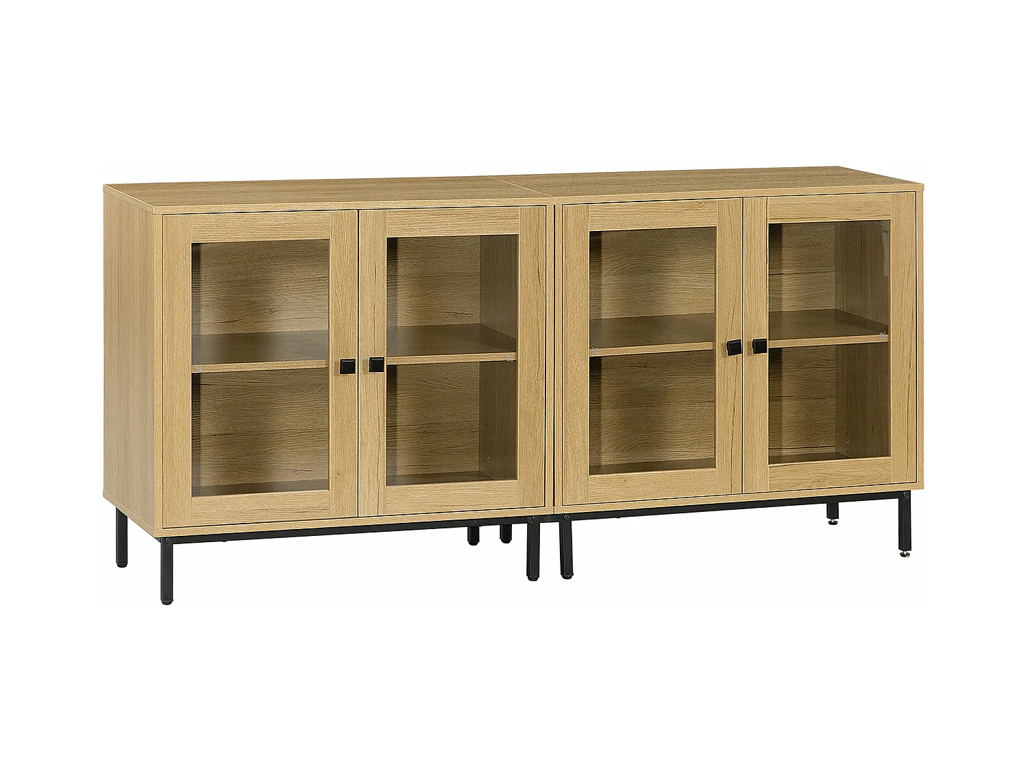 Lot de 2 buffets - 2 x 2 portes vitrines verre, 2 étagères - MDF aspect chêne clair métal noir
