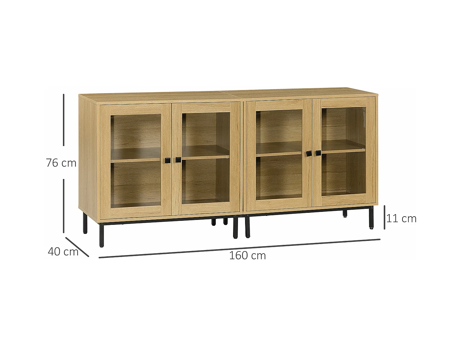Lot de 2 buffets - 2 x 2 portes vitrines verre, 2 étagères - MDF aspect chêne clair métal noir