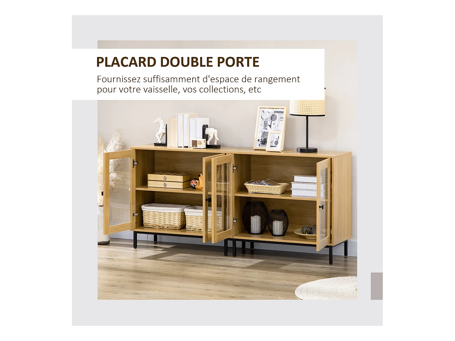 Lot de 2 buffets - 2 x 2 portes vitrines verre, 2 étagères - MDF aspect chêne clair métal noir