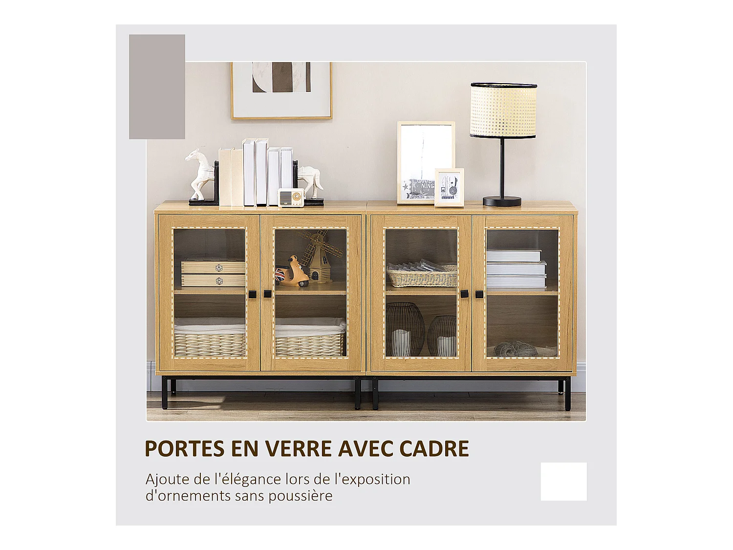 Lot de 2 buffets - 2 x 2 portes vitrines verre, 2 étagères - MDF aspect chêne clair métal noir