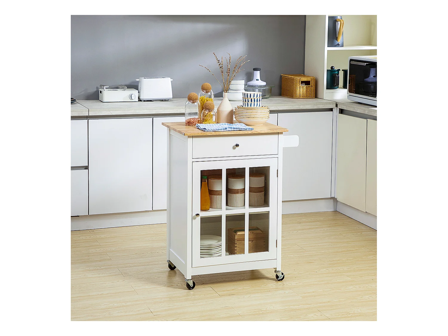 Desserte de cuisine à roulettes multi-rangement - placard porte vitrée avec étagère réglable, tiroir, porte-torchon - blanc aspect chêne clair