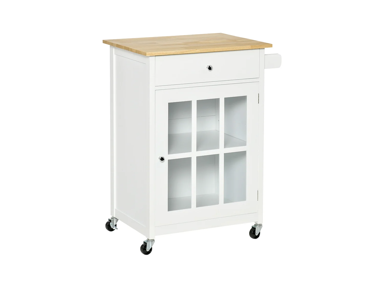 Desserte de cuisine à roulettes multi-rangement - placard porte vitrée avec étagère réglable, tiroir, porte-torchon - blanc aspect chêne clair