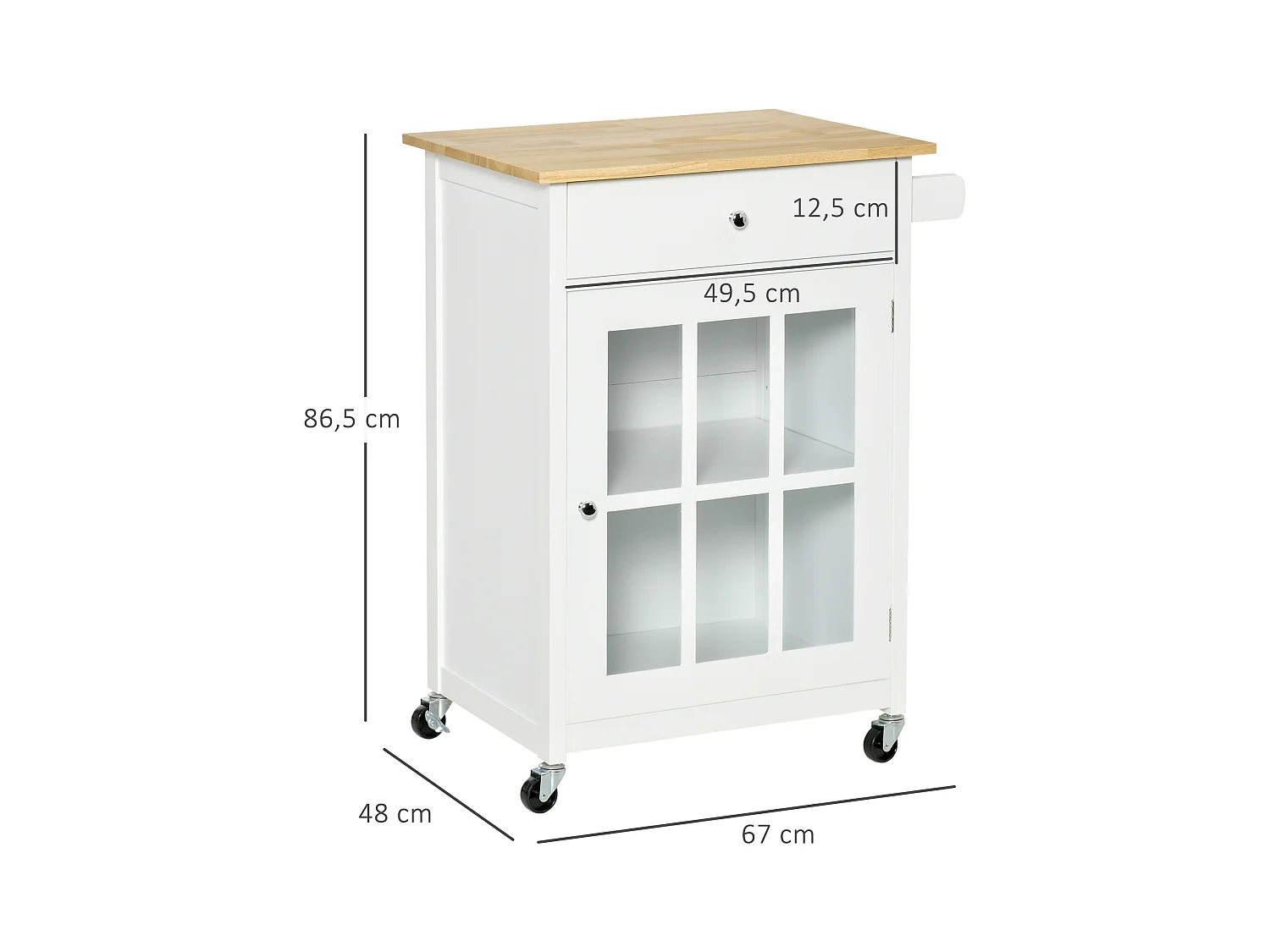 Desserte de cuisine à roulettes multi-rangement - placard porte vitrée avec étagère réglable, tiroir, porte-torchon - blanc aspect chêne clair