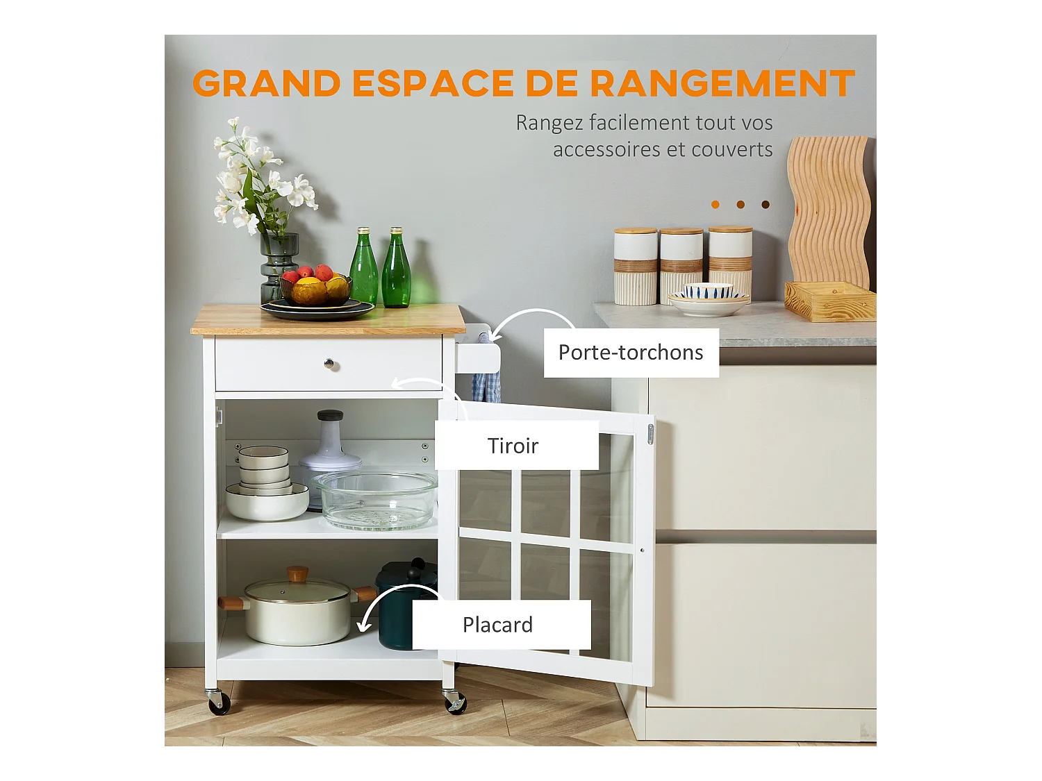 Desserte de cuisine à roulettes multi-rangement - placard porte vitrée avec étagère réglable, tiroir, porte-torchon - blanc aspect chêne clair
