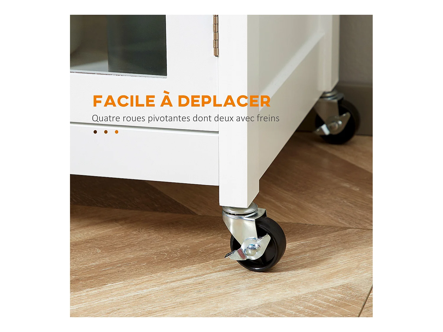 Desserte de cuisine à roulettes multi-rangement - placard porte vitrée avec étagère réglable, tiroir, porte-torchon - blanc aspect chêne clair