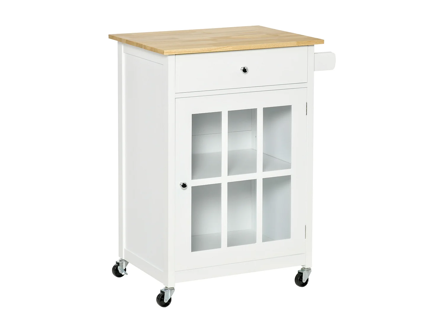 Desserte de cuisine à roulettes multi-rangement - placard porte vitrée avec étagère réglable, tiroir, porte-torchon - blanc aspect chêne clair