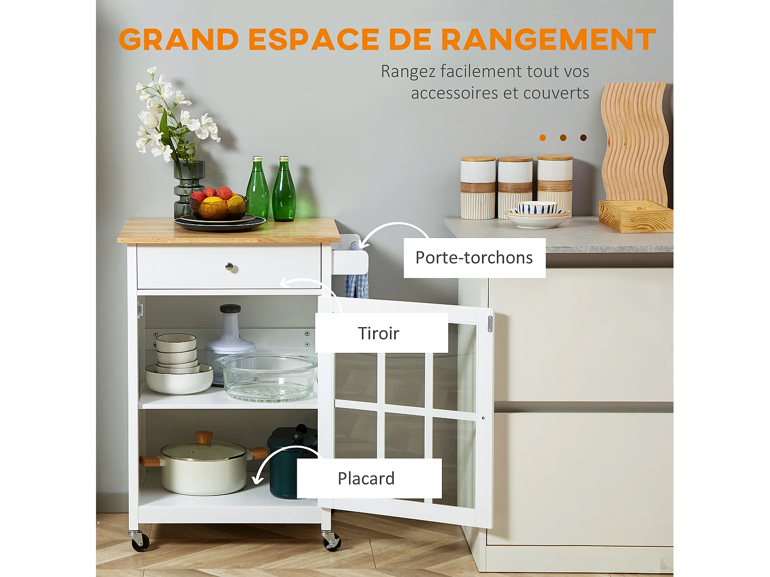 Desserte de cuisine à roulettes multi-rangement - placard porte vitrée avec étagère réglable, tiroir, porte-torchon - blanc aspect chêne clair