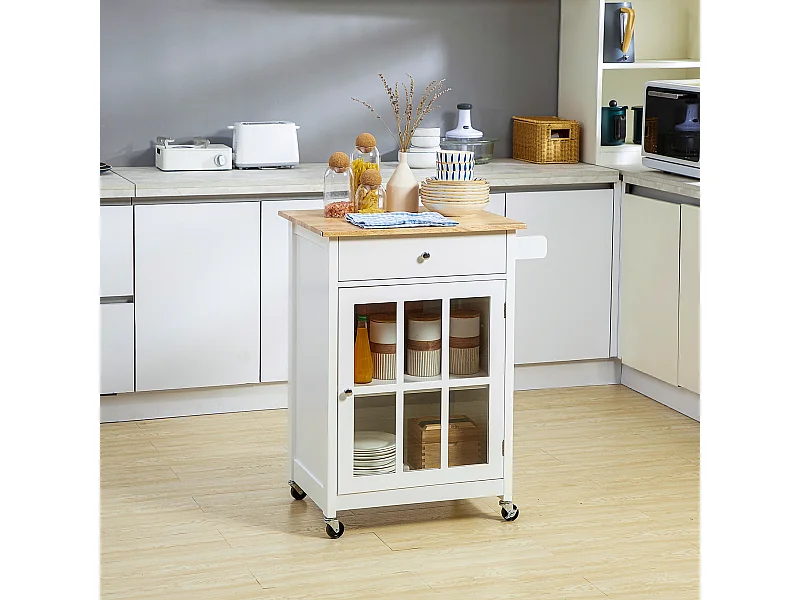 Desserte de cuisine à roulettes multi-rangement - placard porte vitrée avec étagère réglable, tiroir, porte-torchon - blanc aspect chêne clair