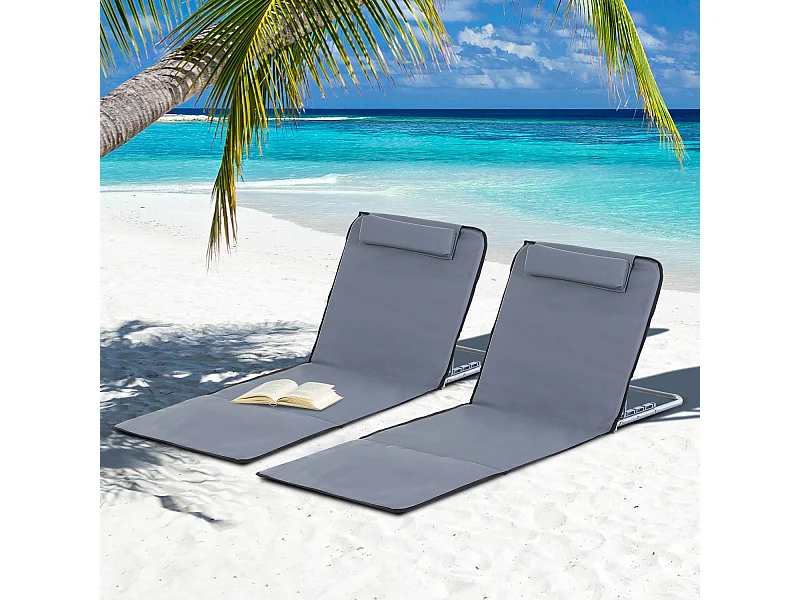 Lot de 2 tapis de plage rembourré - matelas de plage - nattes de plage - dossier inclinable multi-positions - sac transport inclus - métal polyester PE gris